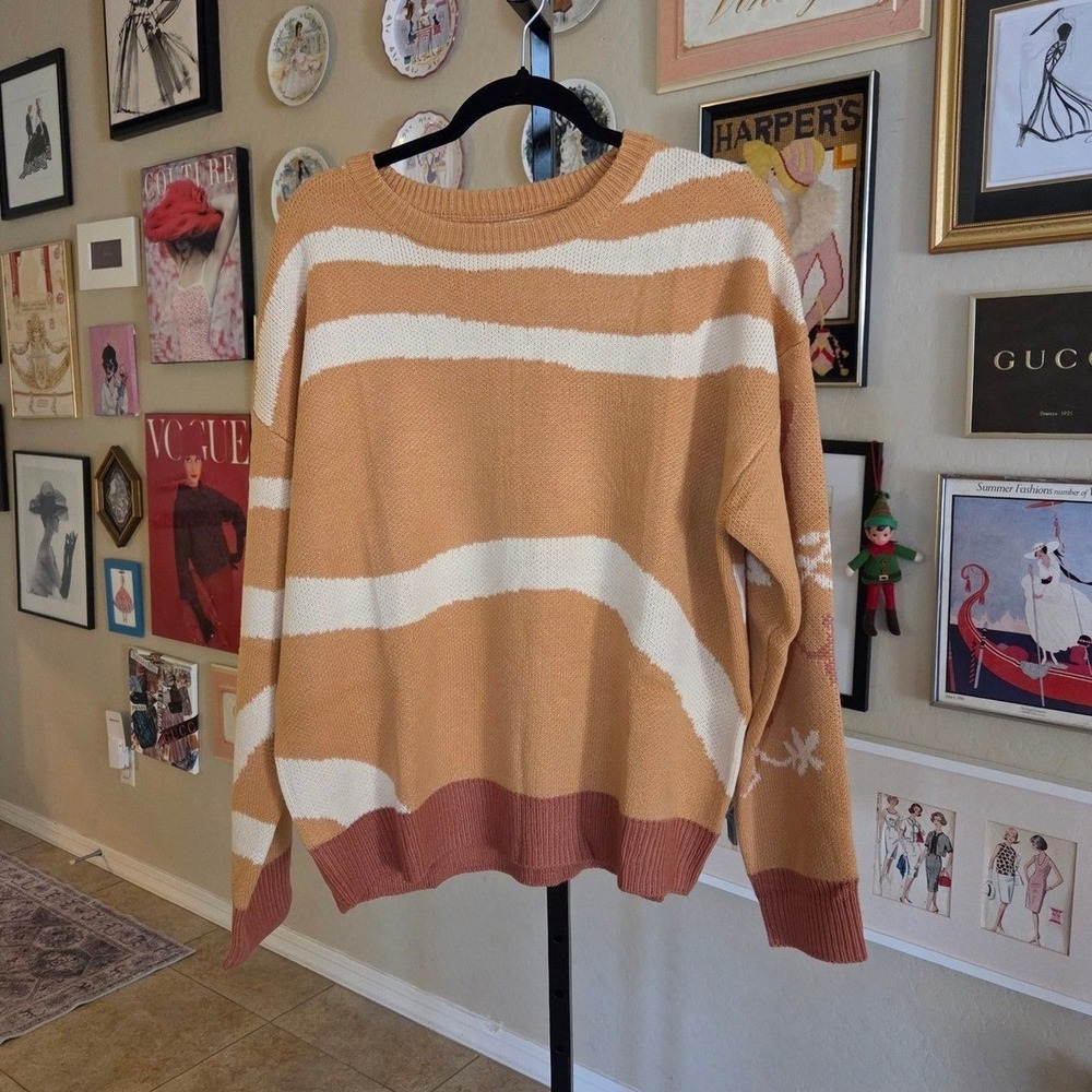 Easel Striped Knit Sweater Floral Detail Ochre Cream Long Sleeve Women's NEW‎ - Picture 2 of 5